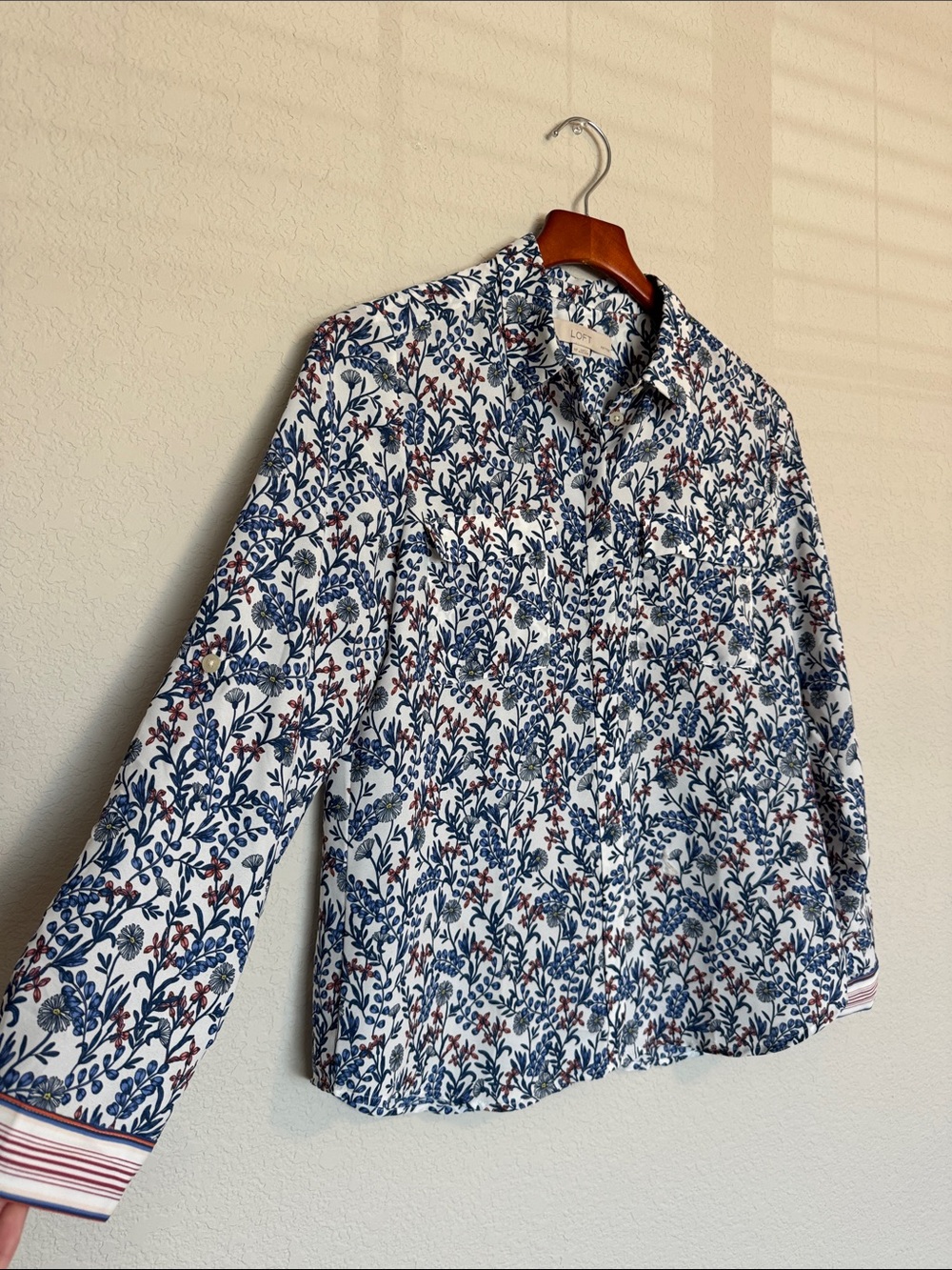 LOFT Floral Button-Up Shirt White Blue Rust